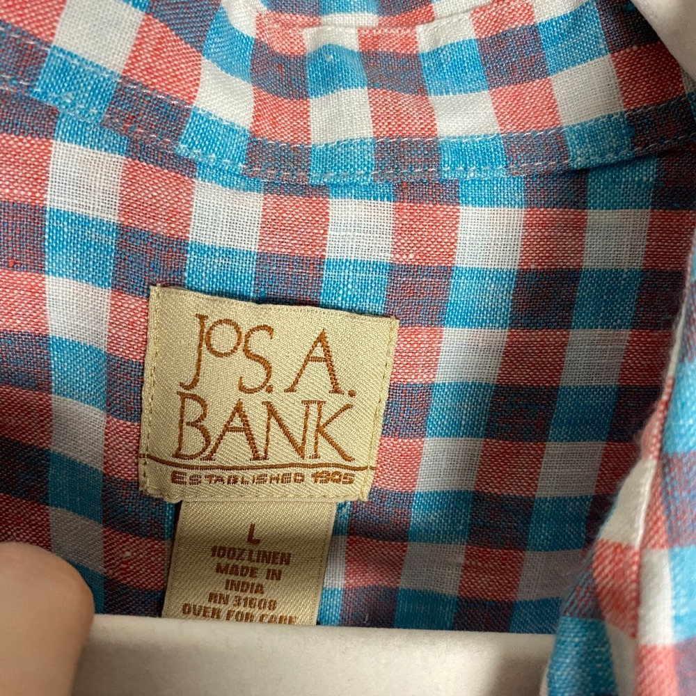 Jos A Bank Plaid Check‎ Linen Button Up Shirt Short Sleeves Mens Large Pink Blue - Picture 2 of 5